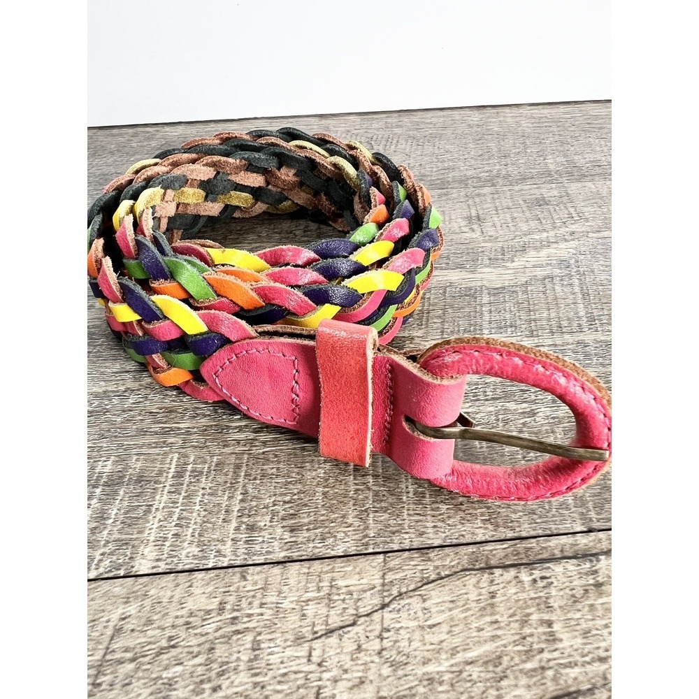 Vintage Leather Belt Braided Bright Multicolored Rainbow Adjustable Small